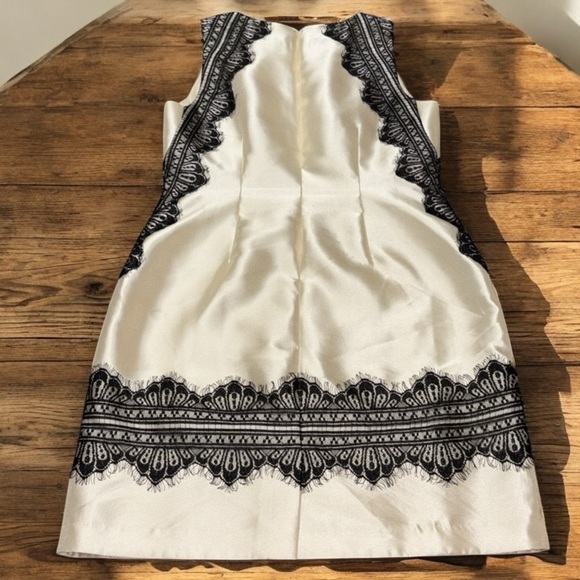 Sz 14 champagne satin sheath dress Antonio Melani black lace knee length - Picture 2 of 8